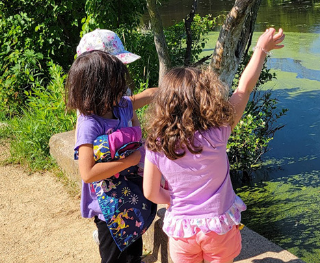 camp girls looking at a pondwith lilly pads