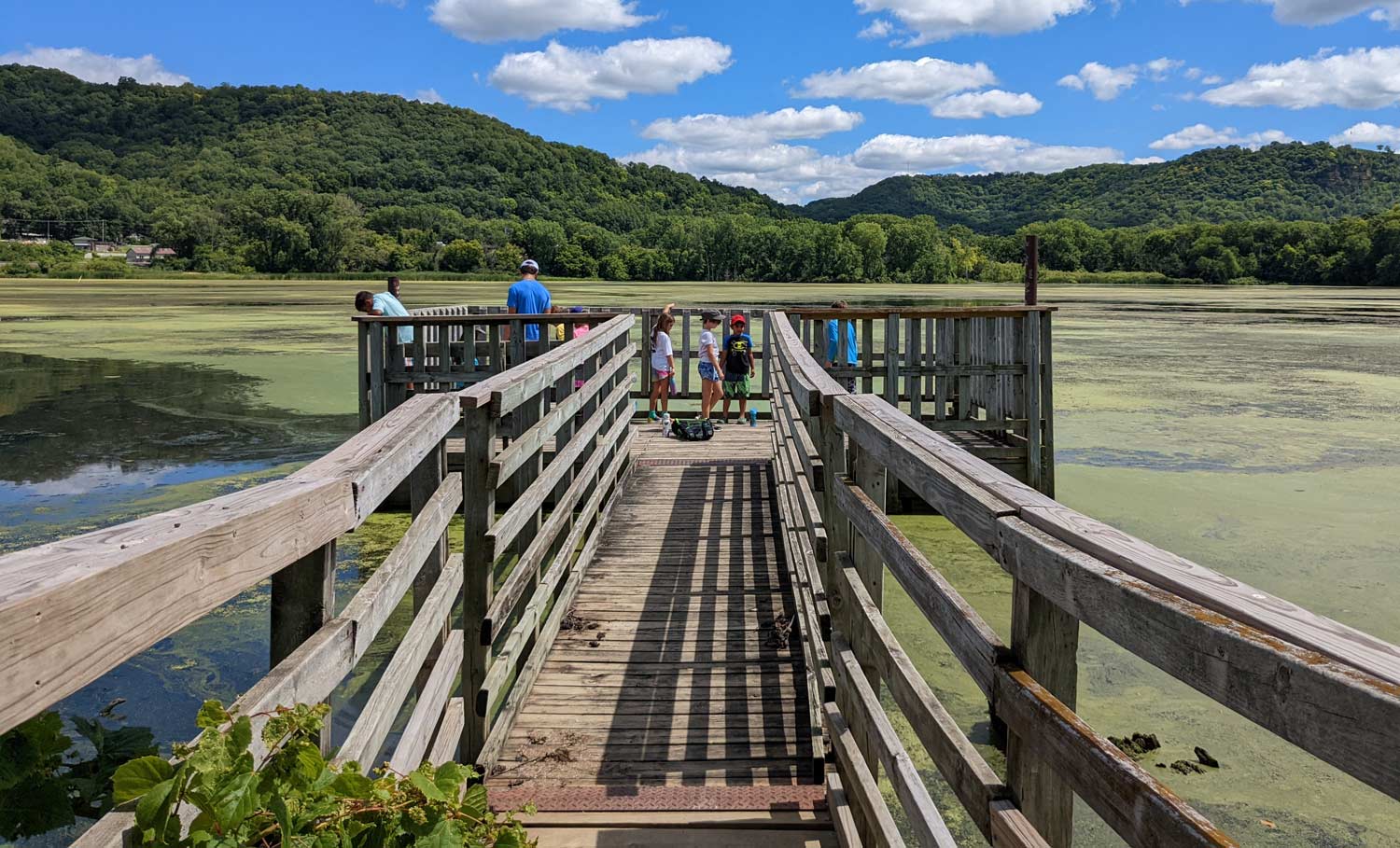 pier over marsh with kids looking out