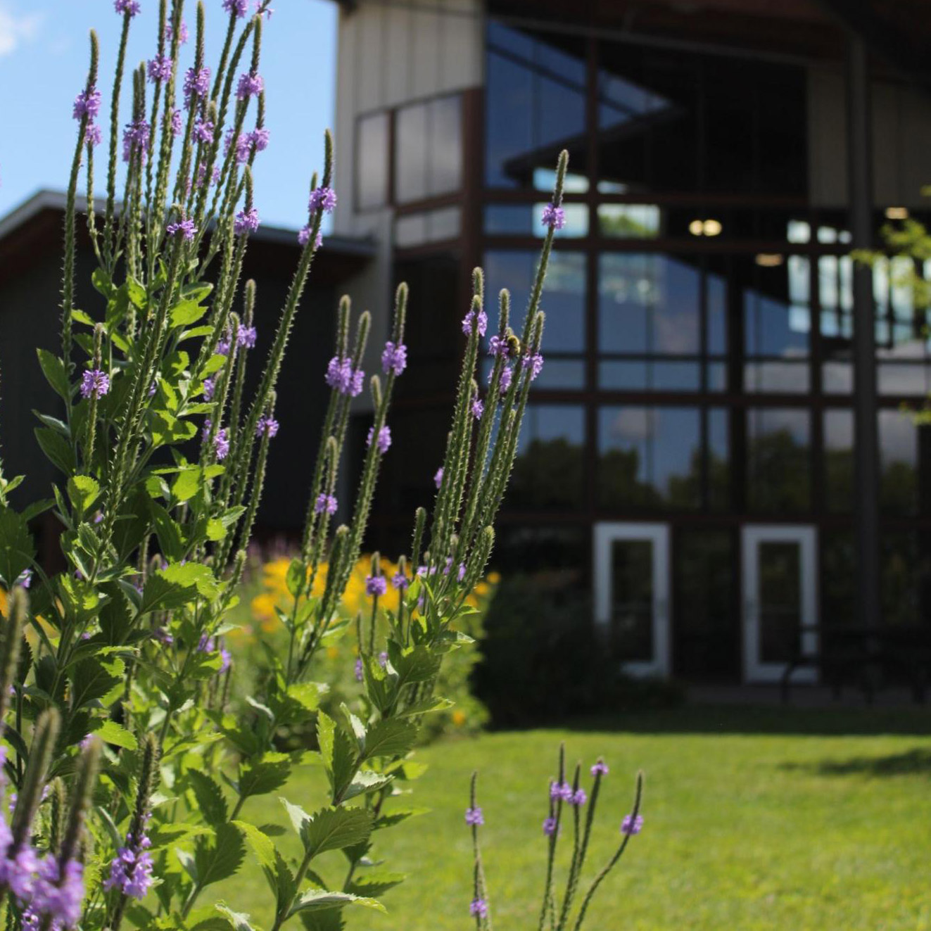 nature center building with flowers out front