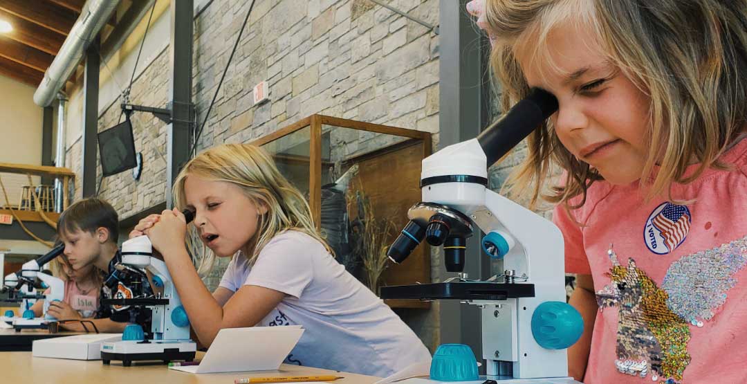 children using microscopes at the nature center