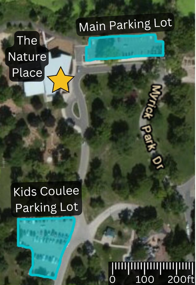 A map showing The Nature Place and its two parking lots - the Main and the Coulee lots