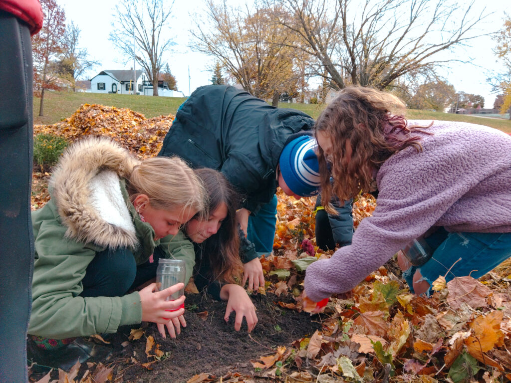 Three homeschool students and one Environmental Educator are holding jars and digging in a leaf pile.