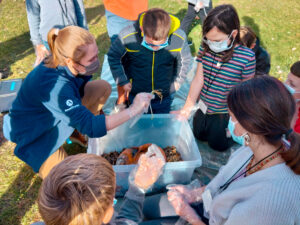 A group of homeschool science students wearing plastic gloves and face masks are kneeling around an open plastic tote box containing a rotten pumpkin. An Environmental Educator is holding up a pumpkin sprout for the group to see.