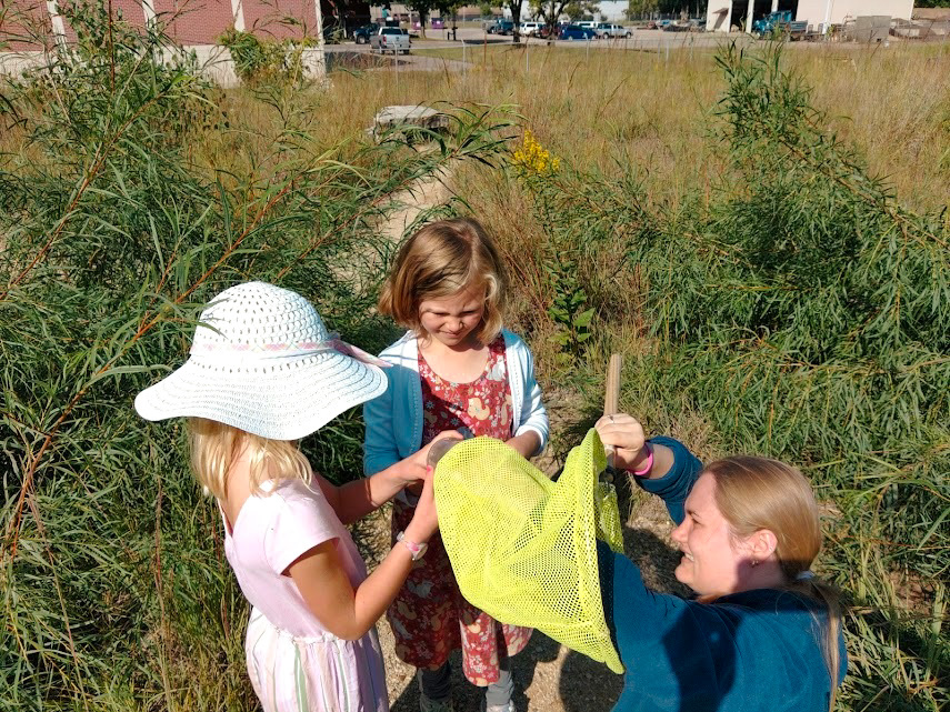 Emma Lather, Environmental Educator, along with 2 children investigating insects they have caught.