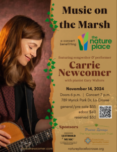 Image of musician Carrie Newcomer with Music on the March concert information.