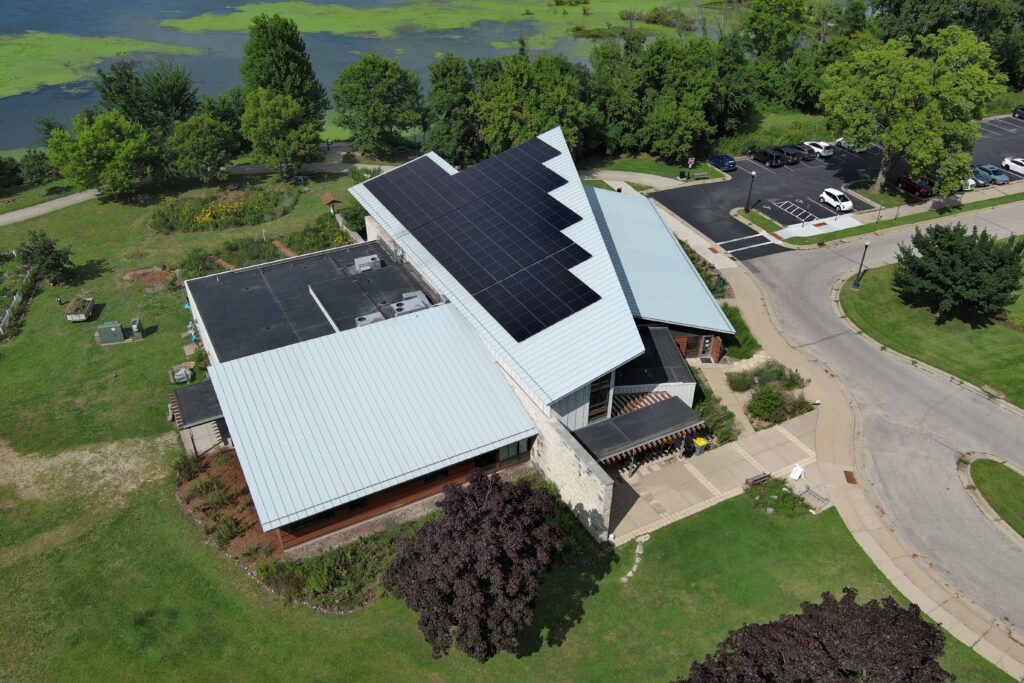 Pictured is an aerial view of the 120 solar panel array located on the West side of The Nature Place, located in Myrick Park in LaCrosse, WI