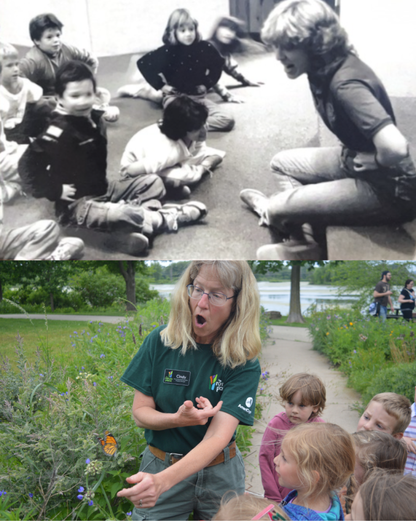 A side-by-side of a woman teaching children, one in black and white and one in color.