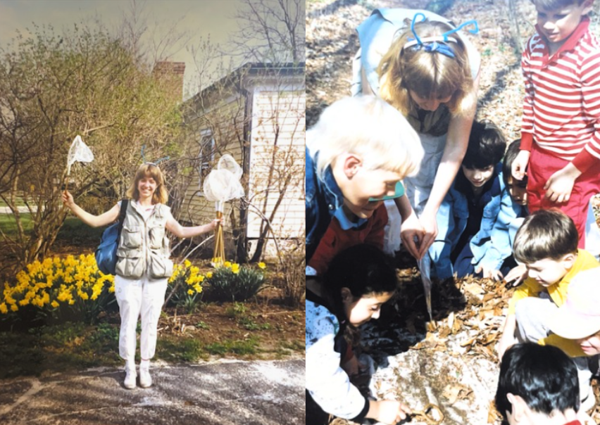 A woman wearing antennae and holding bug nets. A woman surrounded by children looking in the dirt.
