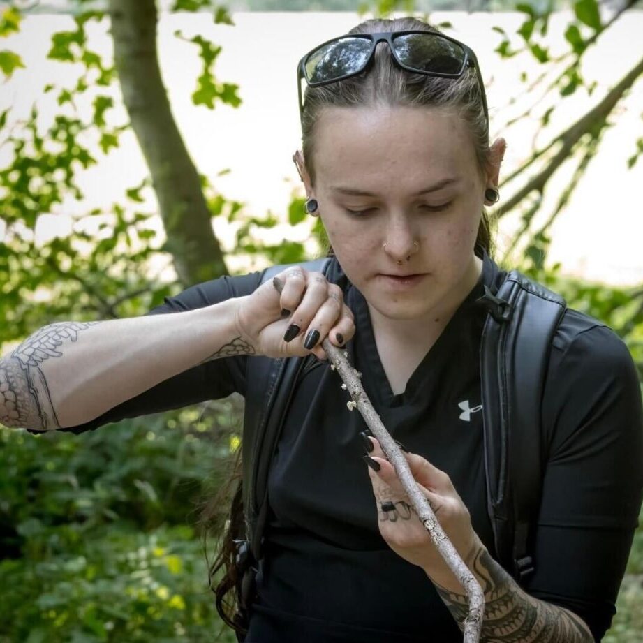 Photograph of Cara Senn examining a stick